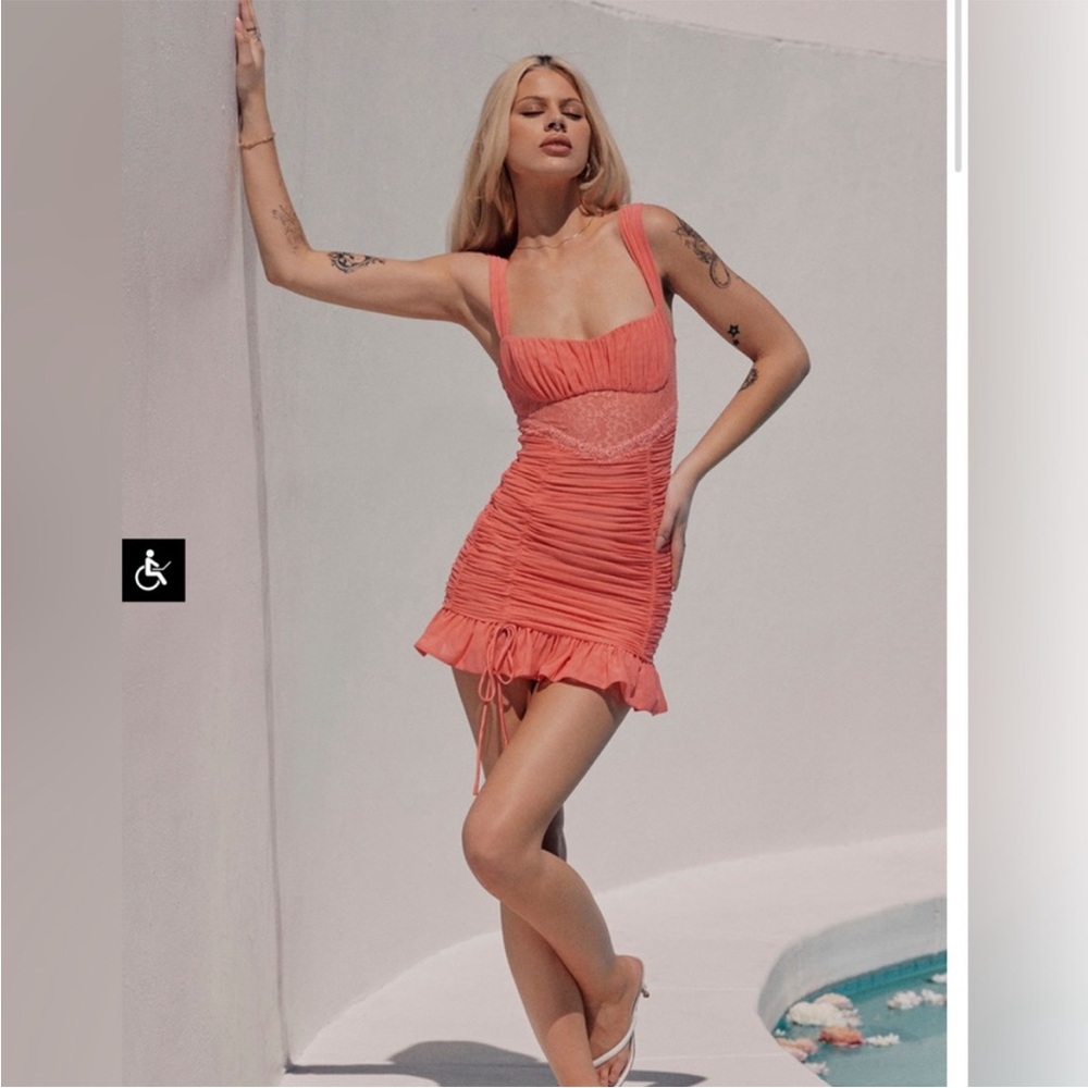 Mistress Rocks Coral Lace Ruched Mini Dress Small - Picture 2 of 12